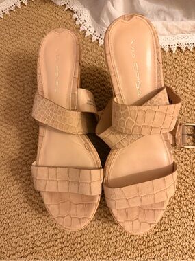 Via Spiga Nude Croc-Embossed Double Strap Wedges